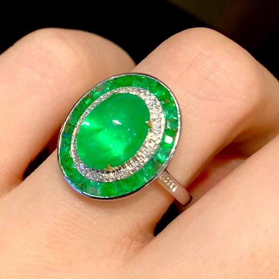 14k Gold 3 Ct Vivid Green Natural Emerald & Diamond Ring - 6