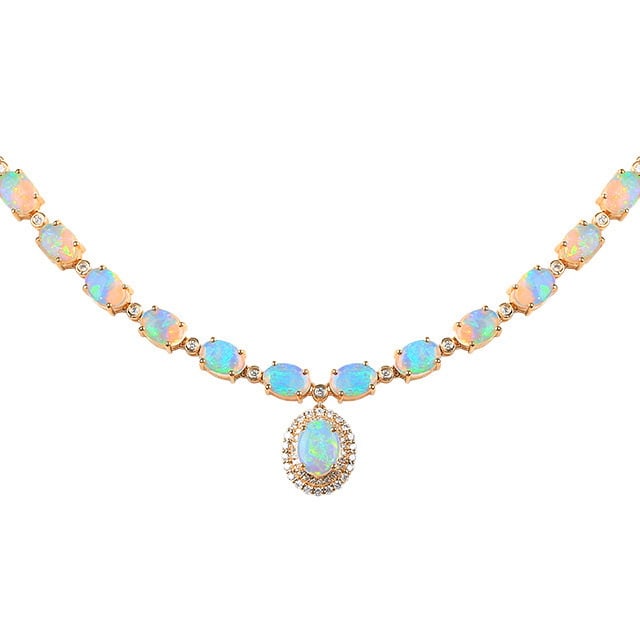 14k Gold 5.78 Ctw Natural Opal & Diamond Necklace - 5