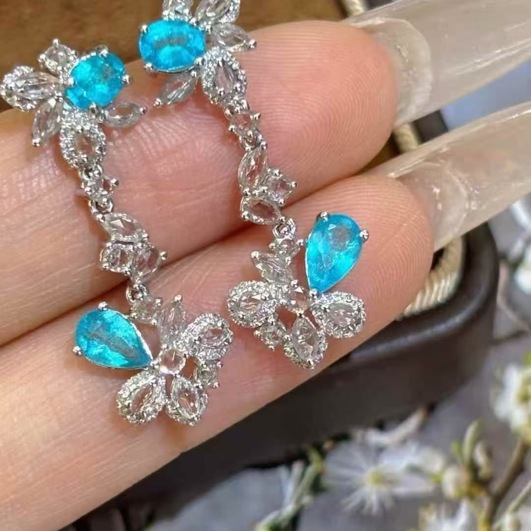 14k Gold 1.15 Ct Natural Paraiba Tourmaline & Diamond & Sapphire Earrings - 3