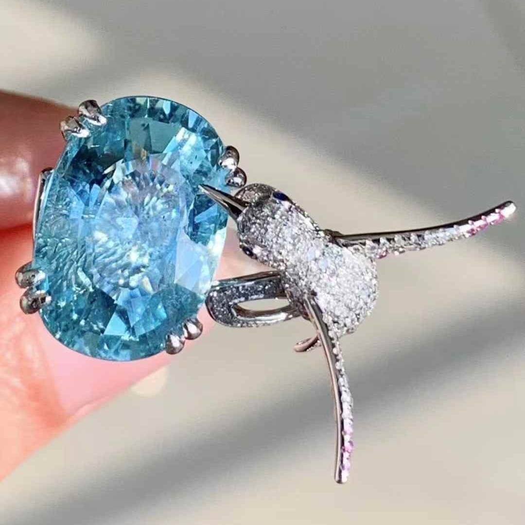 14k Gold 7.5 Ct Natural Aquamarine & Diamond Ring - 6