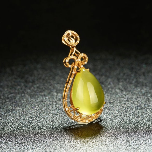 14k Gold 11.4 Ct Natural Prehnite & Diamond Pendant( Without Chain ) - 2