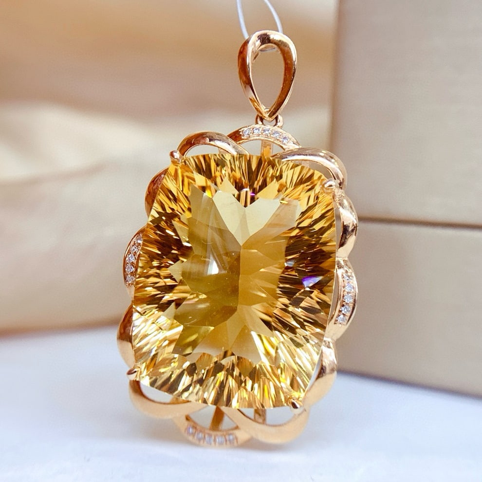 14k Gold 25.15 Ct Natural Citrine & Diamond Pendant( Without Chain ) - 4