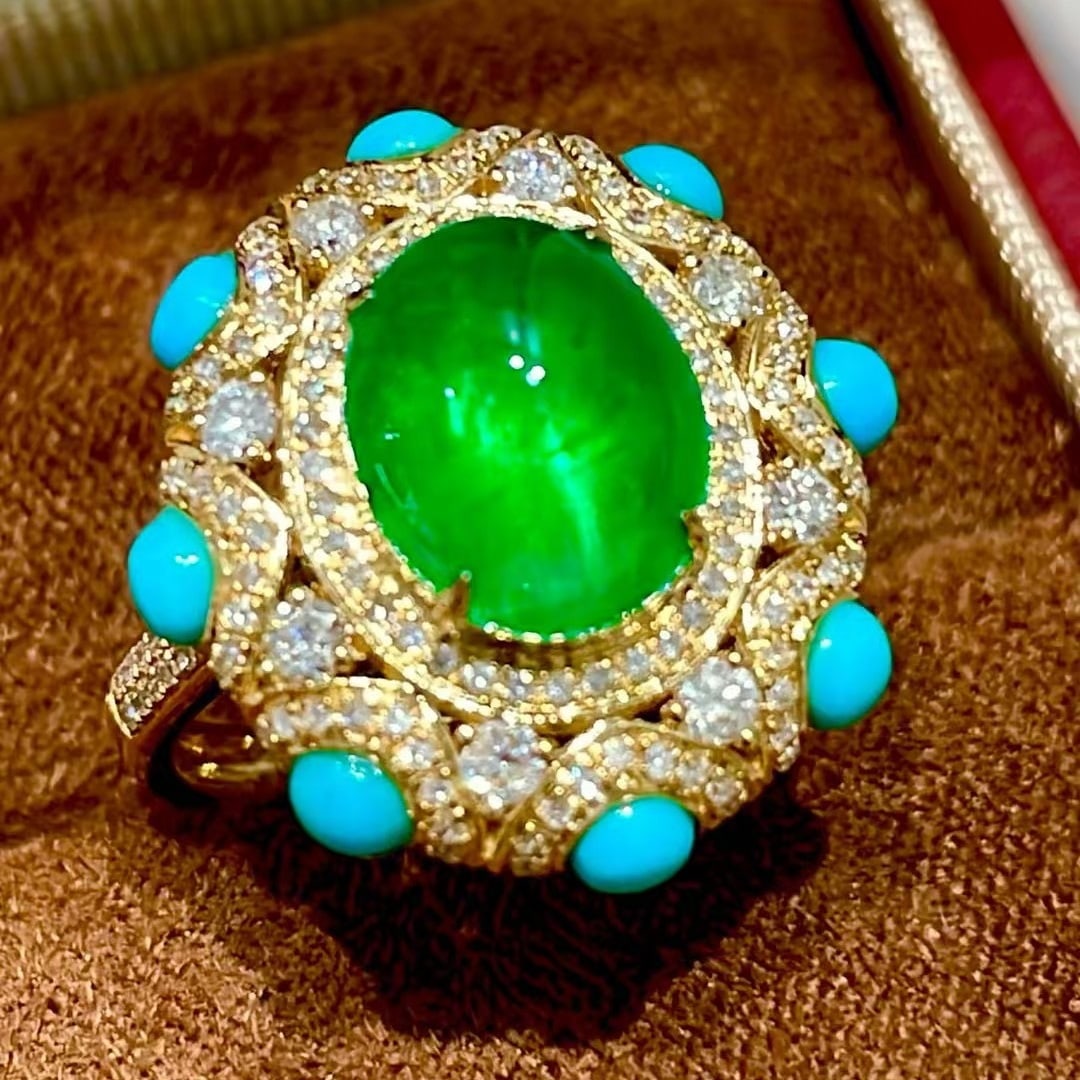 14k Gold 2.72 Ct Vivid Green Natural Emerald & Diamond & Turquoise Ring - 2