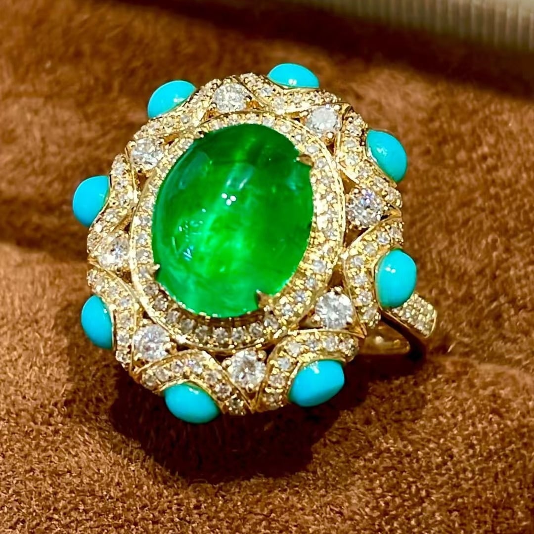 14k Gold 2.72 Ct Vivid Green Natural Emerald & Diamond & Turquoise Ring - 5
