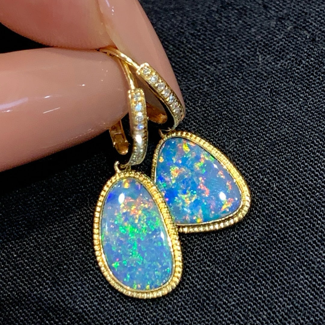 14k Gold 2.55 Ctw Natural Opal & Diamond Earrings - 2