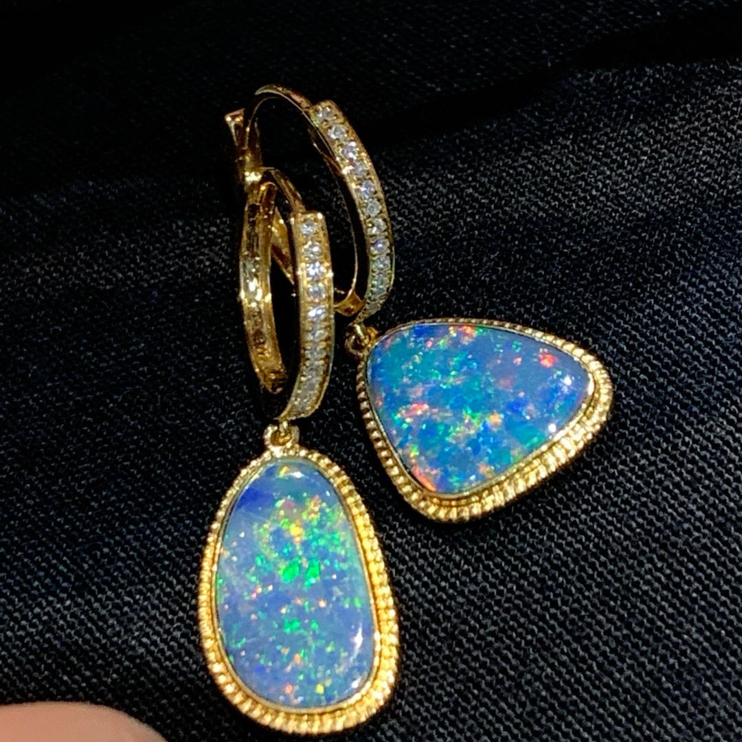 14k Gold 2.55 Ctw Natural Opal & Diamond Earrings - 3