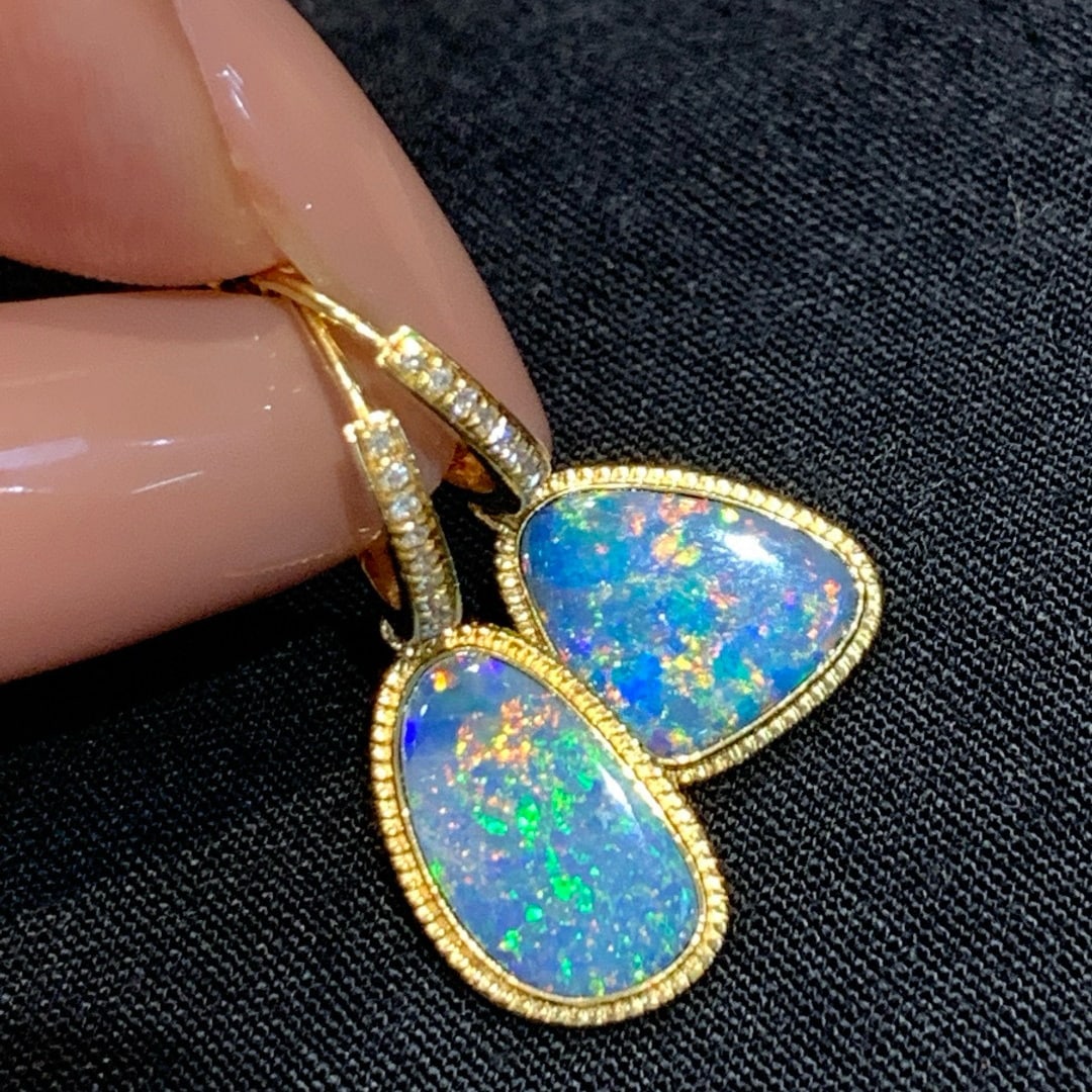 14k Gold 2.55 Ctw Natural Opal & Diamond Earrings - 4