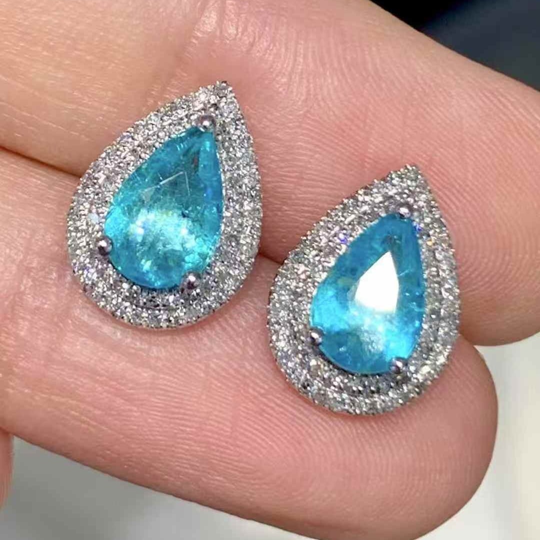 14k Gold 1.6 Ct Natural Paraiba Tourmaline & Diamond Earrings - 2