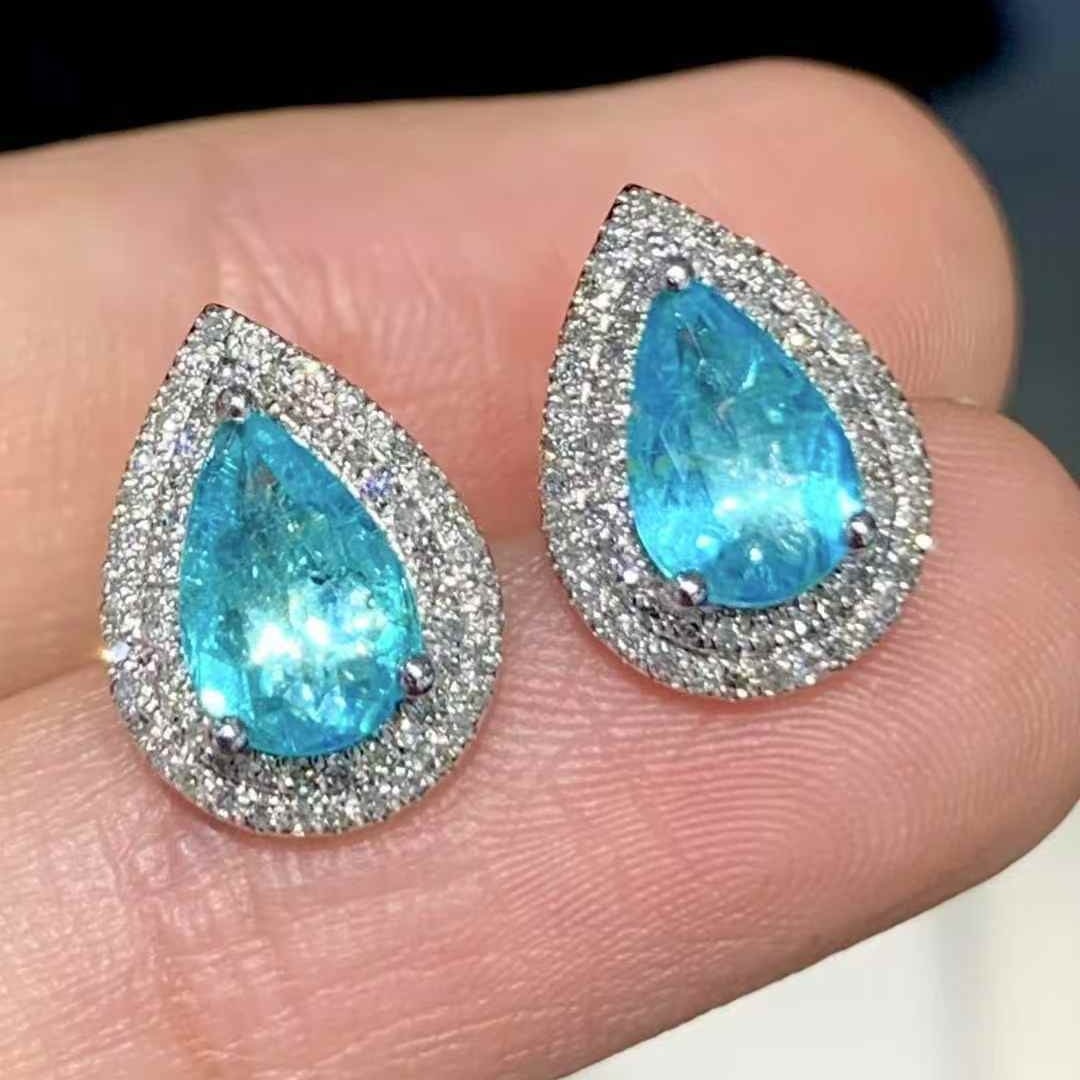14k Gold 1.6 Ct Natural Paraiba Tourmaline & Diamond Earrings - 3