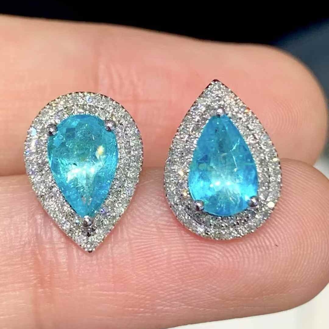 14k Gold 1.6 Ct Natural Paraiba Tourmaline & Diamond Earrings - 4