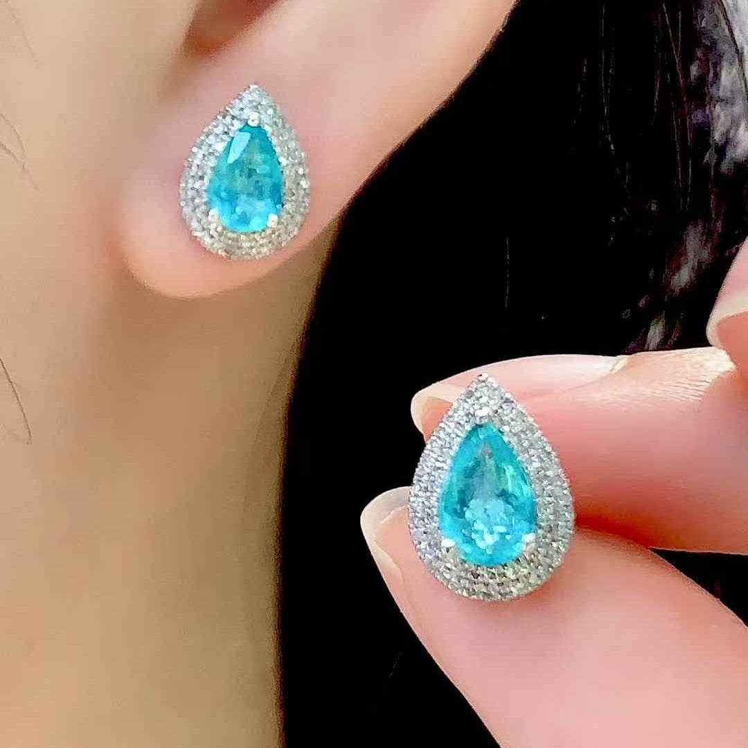 14k Gold 1.6 Ct Natural Paraiba Tourmaline & Diamond Earrings - 5