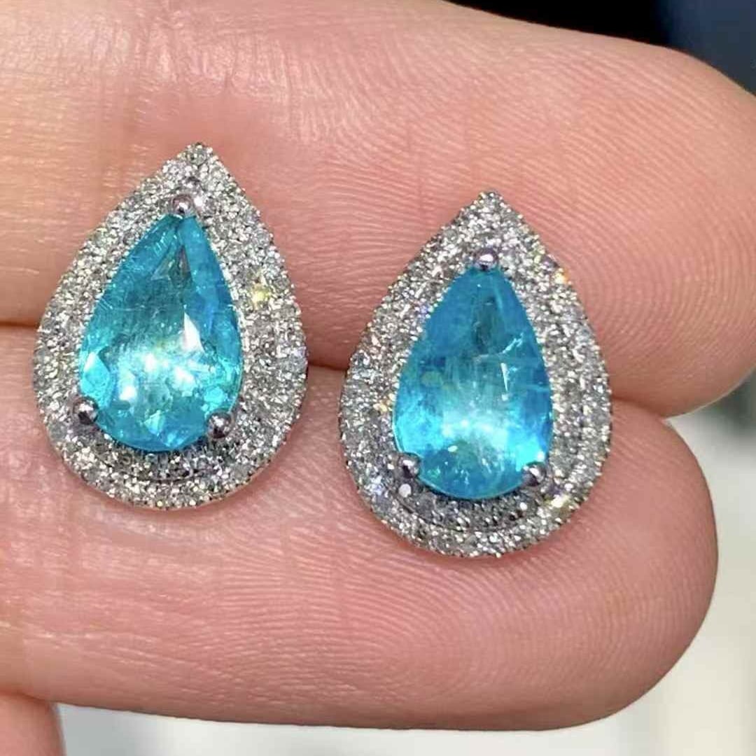 14k Gold 1.6 Ct Natural Paraiba Tourmaline & Diamond Earrings - 6