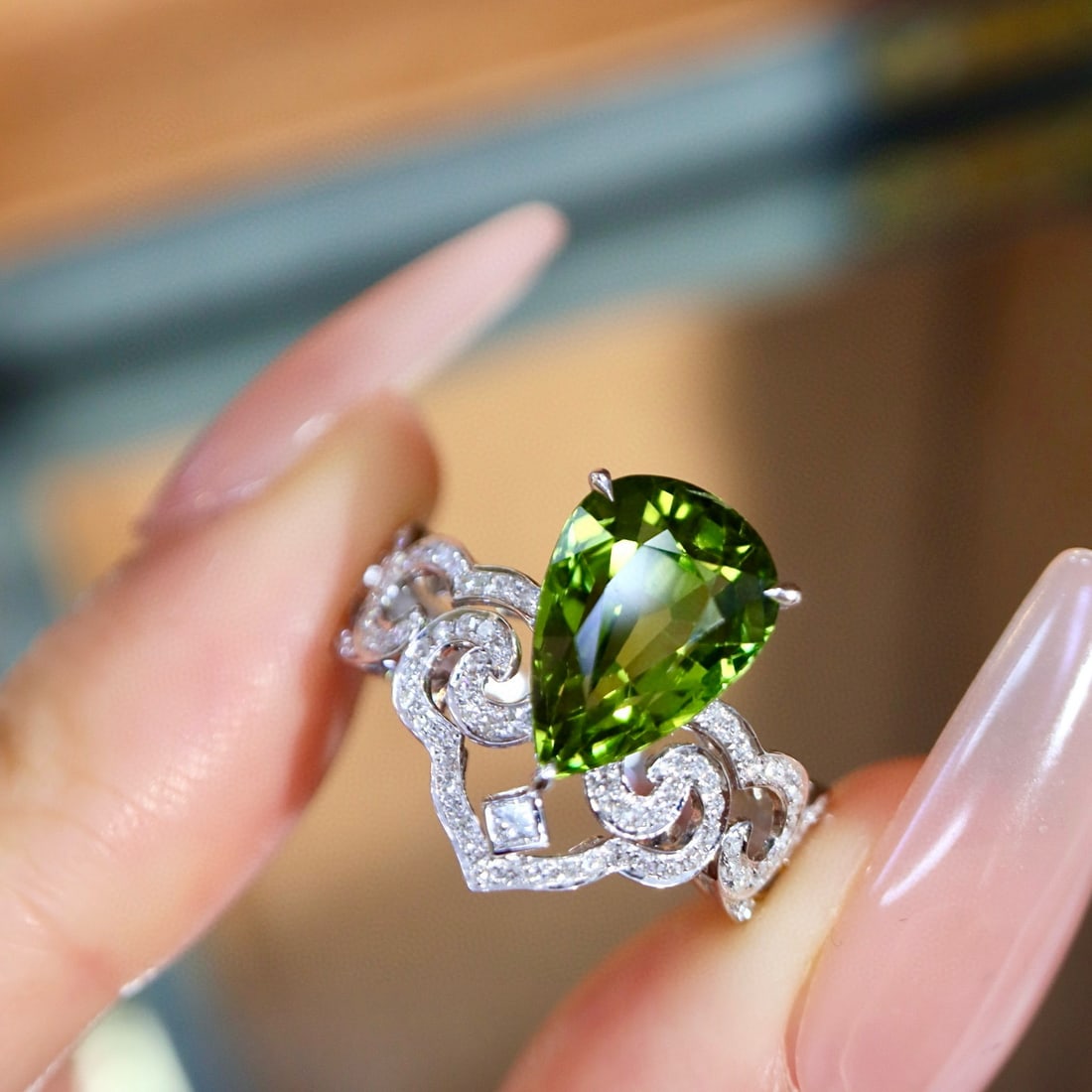 14k Gold 3.99 Ctw Natural Tourmaline & Diamond Ring: Ref:231059137 // gold content:14k gold // ring size:7. 25us // // main gemstone:tourmaline // shape:pear // carat weight:3. 73ct // color:green // treatment:natural // // adjacent gemstone 2 :