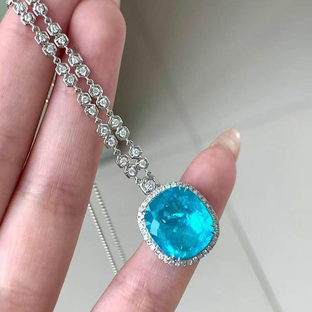 14k Gold 9.79 Ctw Natural Paraiba Tourmaline & Diamond Necklace - 2