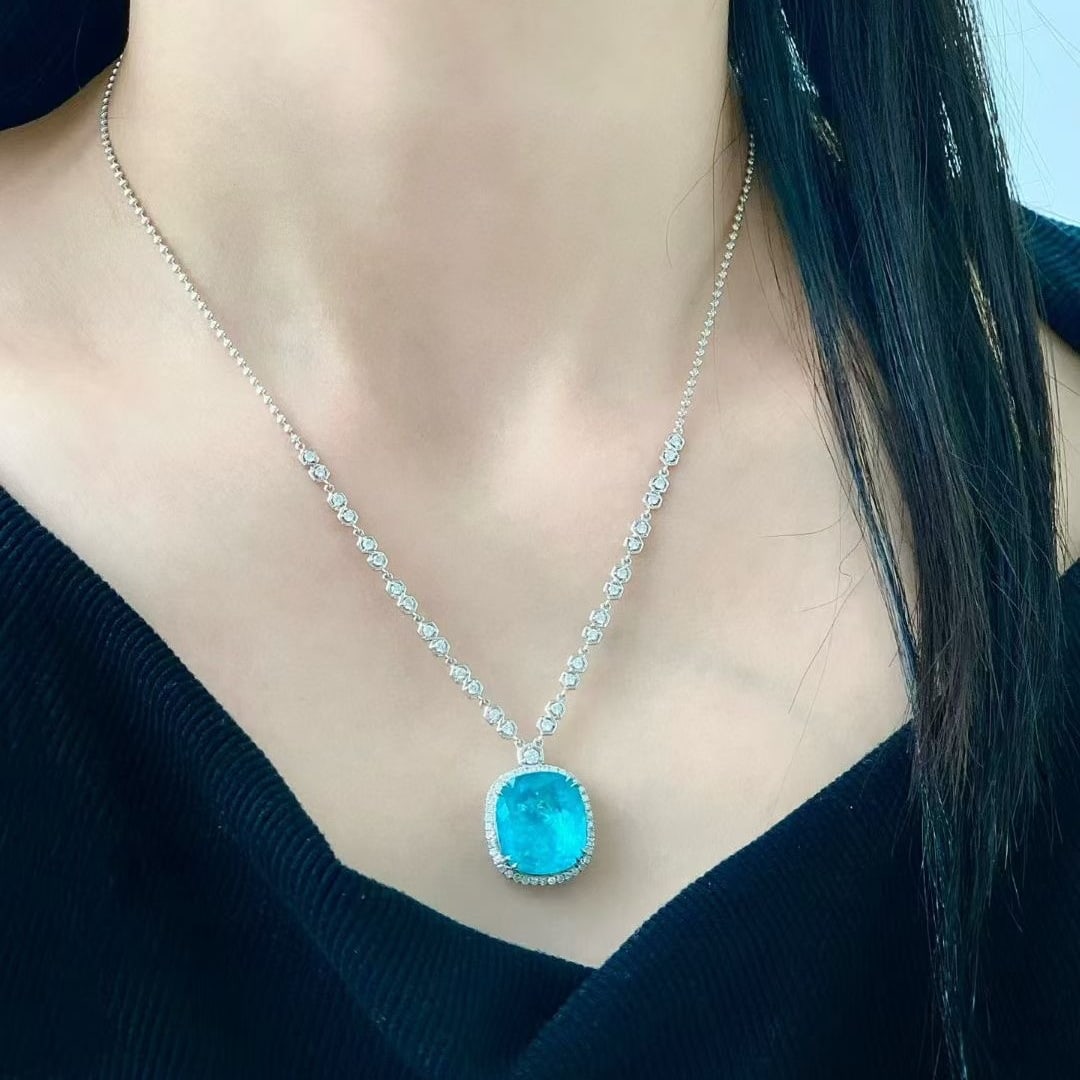 14k Gold 9.79 Ctw Natural Paraiba Tourmaline & Diamond Necklace - 3