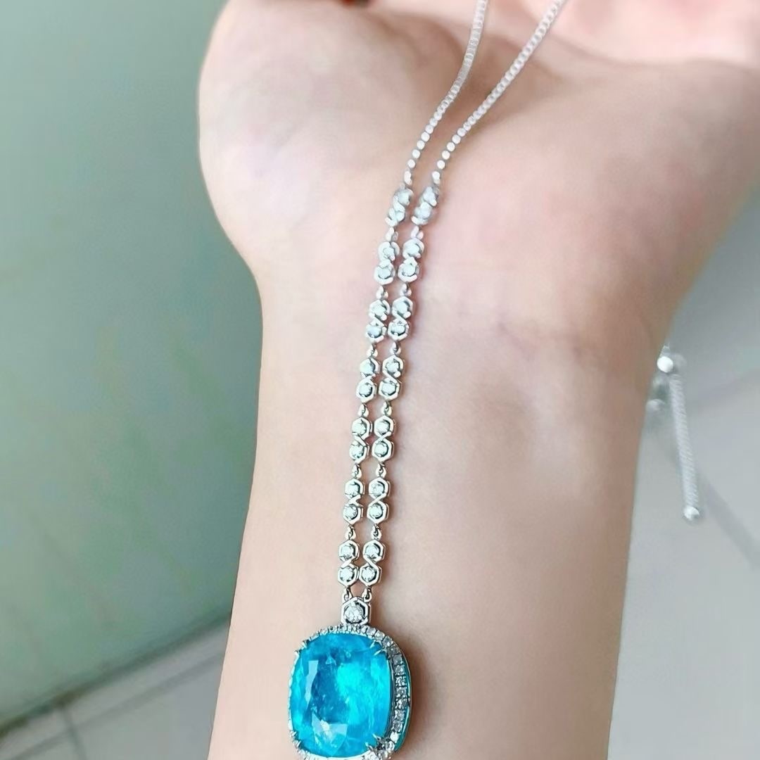 14k Gold 9.79 Ctw Natural Paraiba Tourmaline & Diamond Necklace - 5