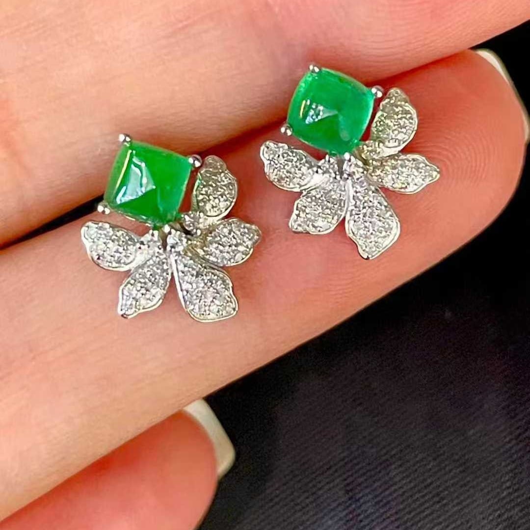 14k Gold 1.2 Ct Natural Emerald & Diamond Earrings - 2