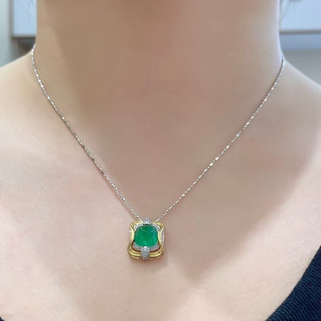 14k Gold 2.65 Ct Natural Emerald & Diamond Pendant( Without Chain ) - 2