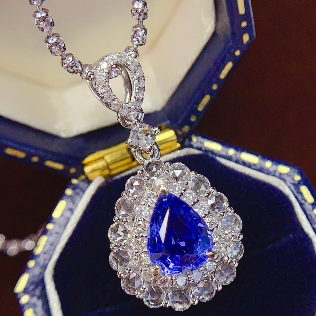 14k Gold 1.4 Ct Natural Sapphire & Diamond & Sapphire Pendant( Without Chain ) - 2