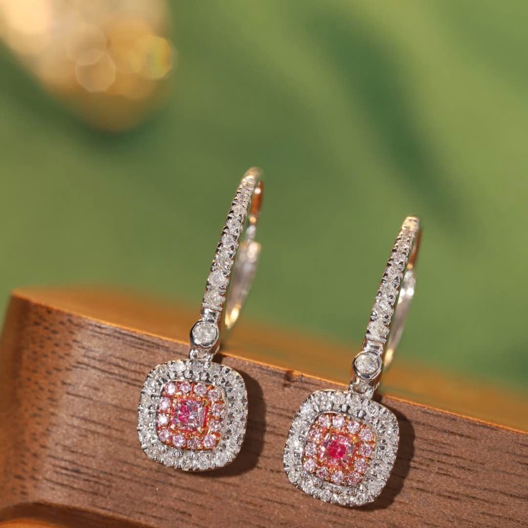14k Gold 0.60 Ctw Natural Pink Diamond & Diamond Earrings: Ref:231059212 // gold content:14k gold // main gemstone:pink diamond // shape:cushion // carat weight:0. 12ct // color:pink // treatment:natural // // adjacent gemstone 2 : diamond // shape:round //