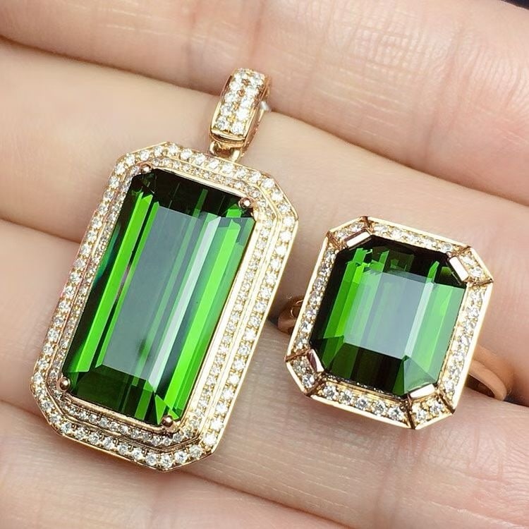 14k Gold 15.2 Ct Natural Tourmaline & Diamond Jewelry Set: Ref:231059222 // gold content:14k gold // ring size:7. 25us // // pendant(without chain) // main gemstone:tourmaline // shape:octagonal // carat weight:10ct // color:green // treatment:natural // //