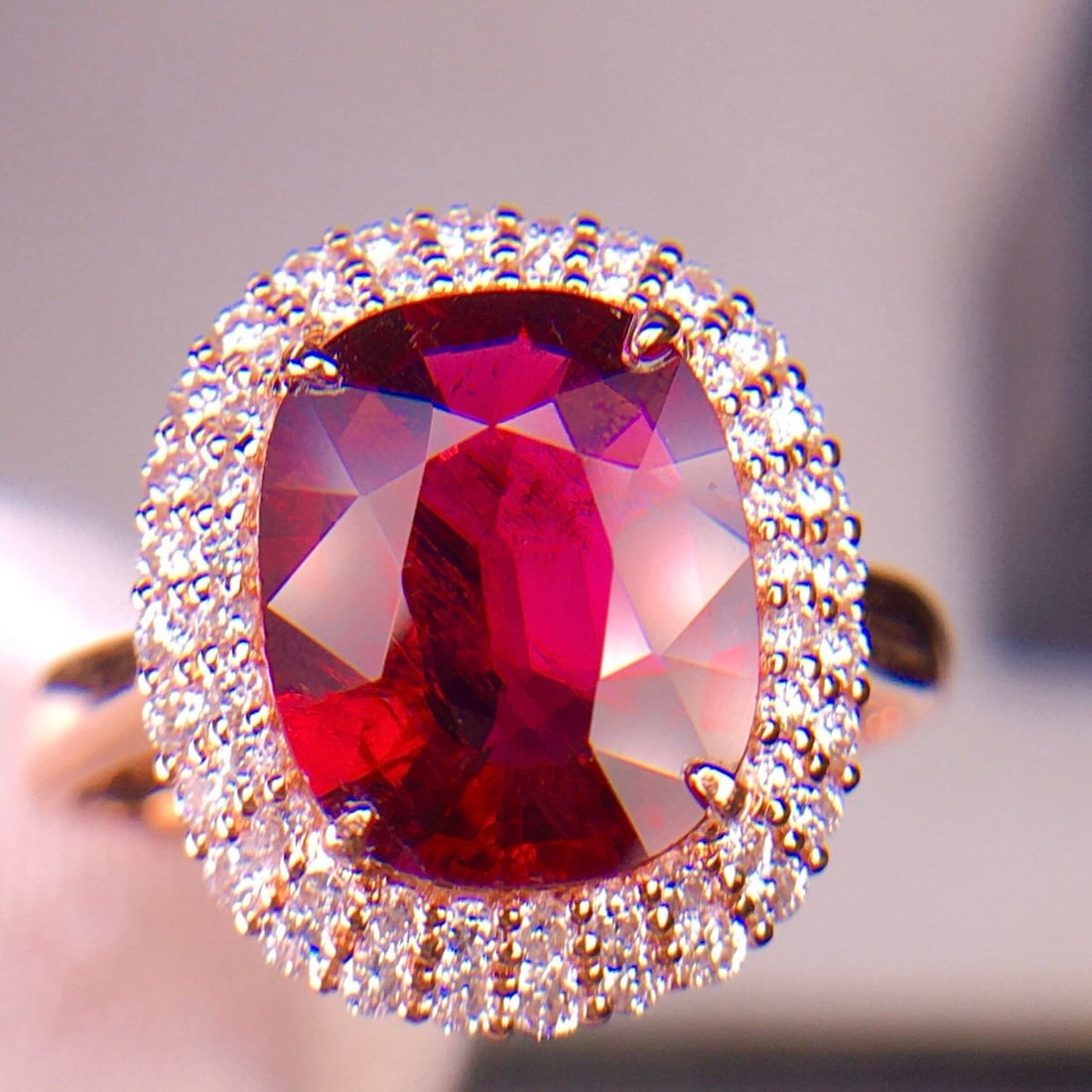 14k Gold 3.2 Ct Natural Tourmaline & Diamond Ring: Ref:231059228 // gold content:14k gold // ring size:7. 25us // // main gemstone:tourmaline // shape:cushion // carat weight:3. 2ct // color:red // treatment:natural // // adjacent gemstone 2 :