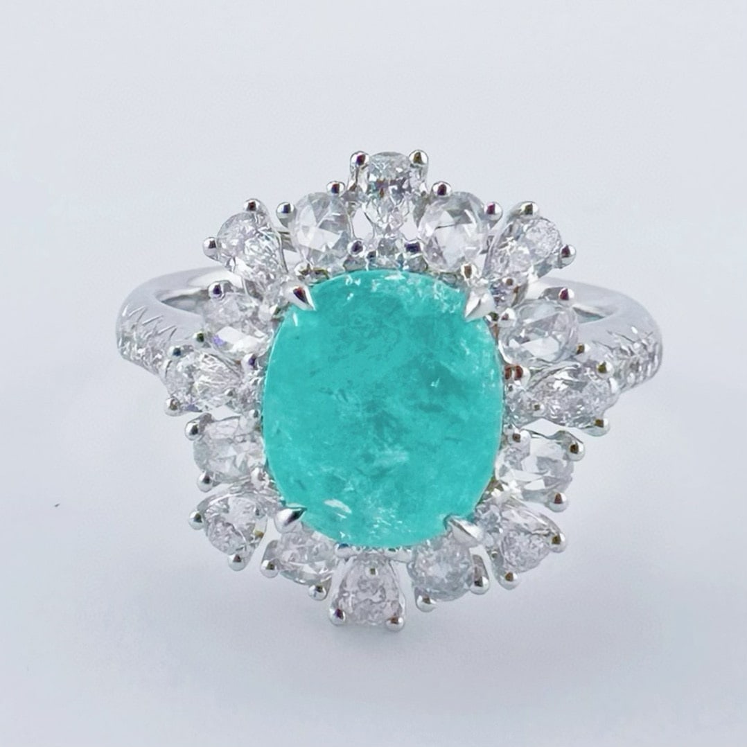 14k Gold 2.69 Ctw Natural Paraiba Tourmaline & Diamond Ring/pendant( Without Chain ): Ref:231060006 // gold content:14k gold // ring size:7. 25us // // main gemstone:paraiba tourmaline // shape:oval // carat weight:1. 82ct // color:blue // treatment:natural // // adjacent gemstone 2 :