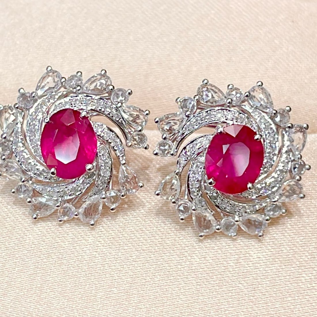14k Gold 1.55 Ct Natural Ruby & Diamond & Sapphire Earrings - 4