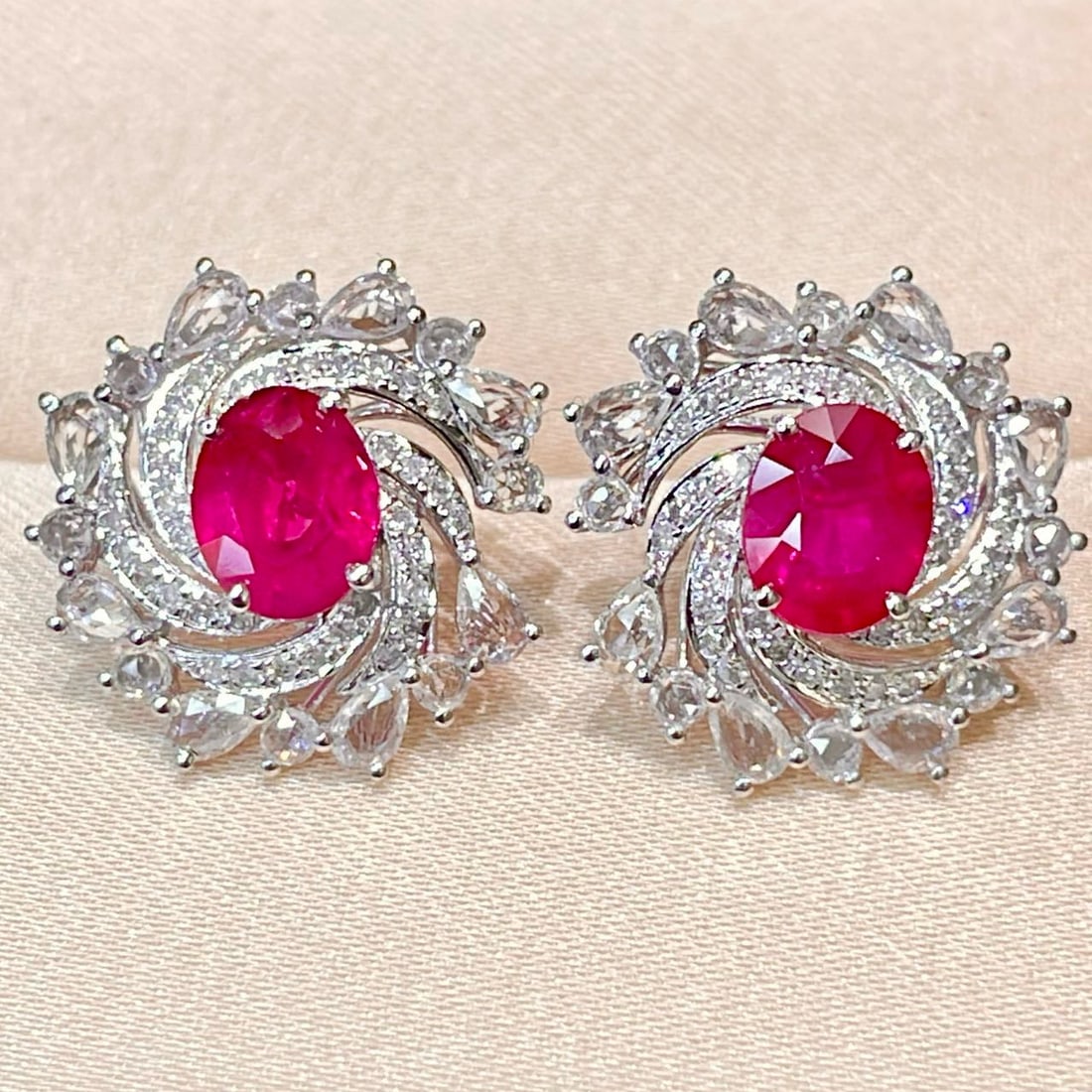14k Gold 1.55 Ct Natural Ruby & Diamond & Sapphire Earrings - 5