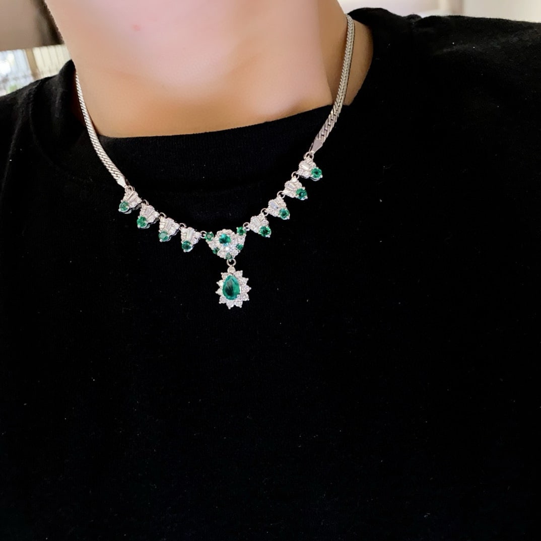 14k Gold 3.11 Ctw Vivid Green Natural Emerald & Emerald Necklace - 2
