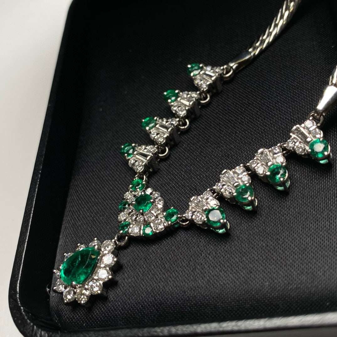 14k Gold 3.11 Ctw Vivid Green Natural Emerald & Emerald Necklace - 5