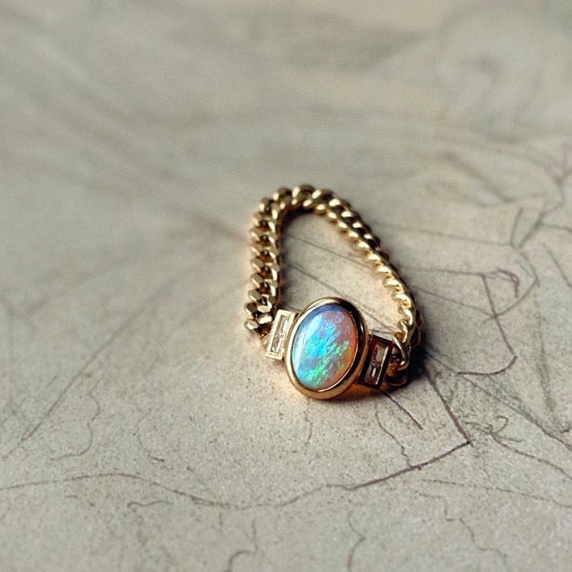 14k Gold 0.4 Ct Natural Opal & Diamond Ring - 6