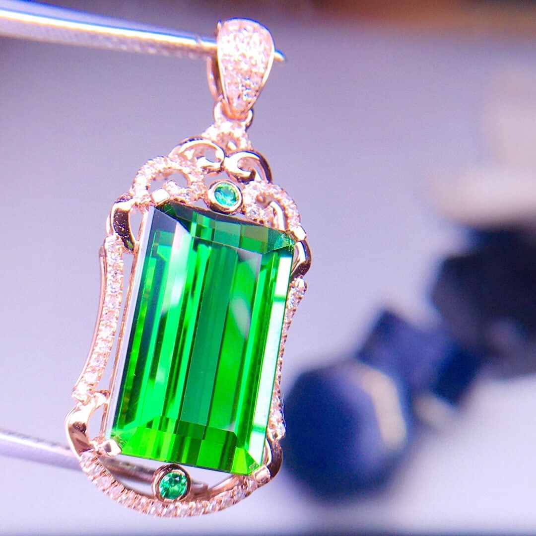 14k Gold 8.5 Ct Natural Tourmaline & Diamond Pendant( Without Chain ) - 6