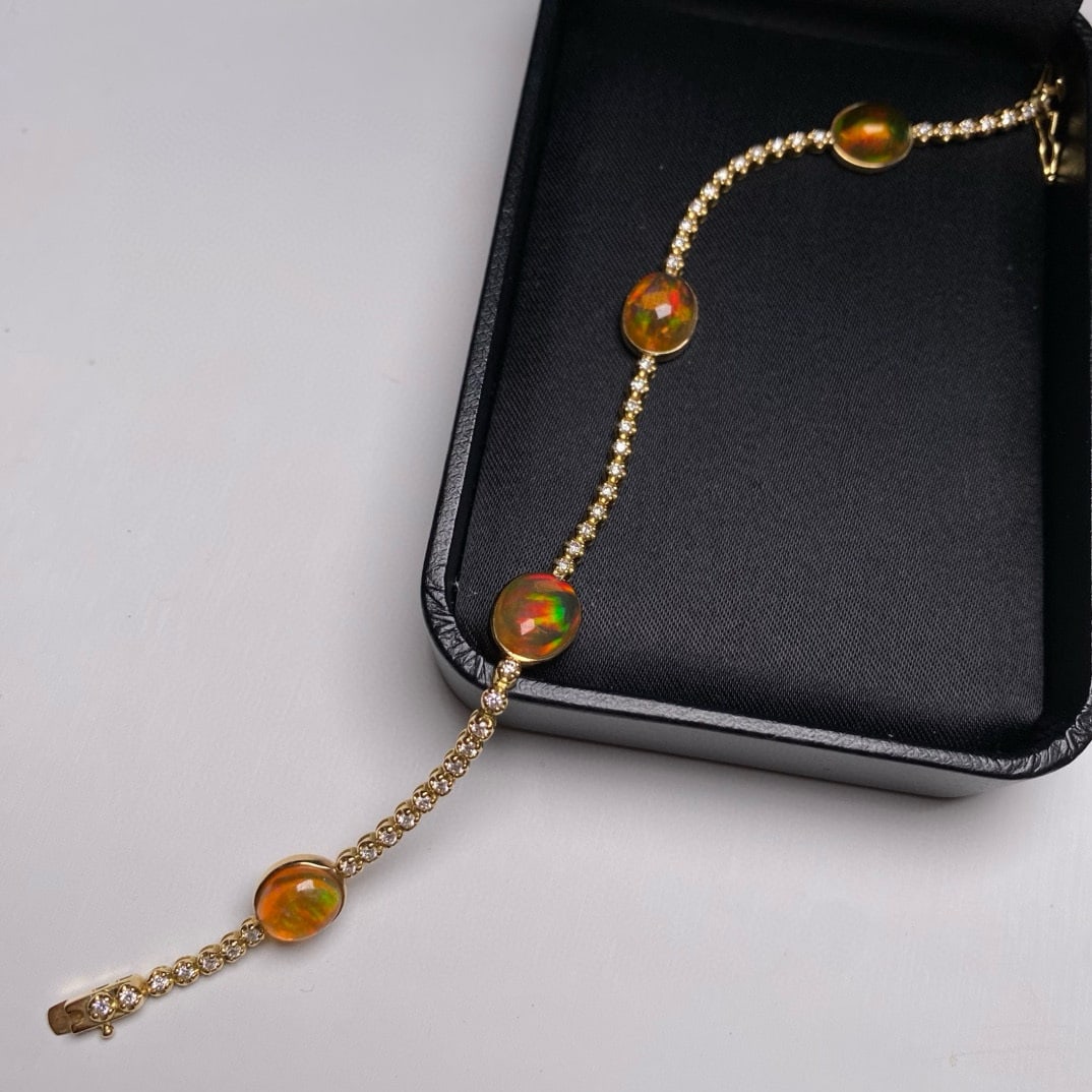 14k Gold 8.30 Ctw Natural Opal & Diamond Bracelet - 3