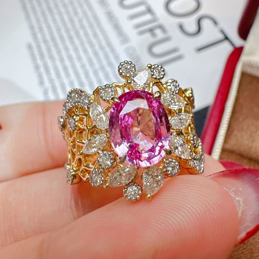 14k Gold 2.83 Ctw Natural Padparadscha Sapphire & Diamond Ring - 2
