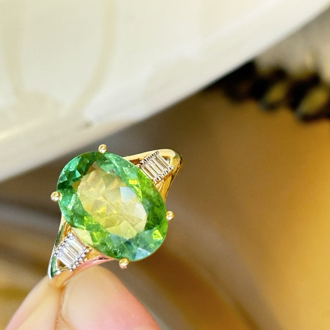 14k Gold 3.56 Ct Natural Tourmaline & Diamond Ring: Ref:231060165 // gold content:14k gold // ring size:7. 25us // // main gemstone:tourmaline // shape:oval // carat weight:3. 56ct // color:green // treatment:natural // // adjacent gemstone 2 :