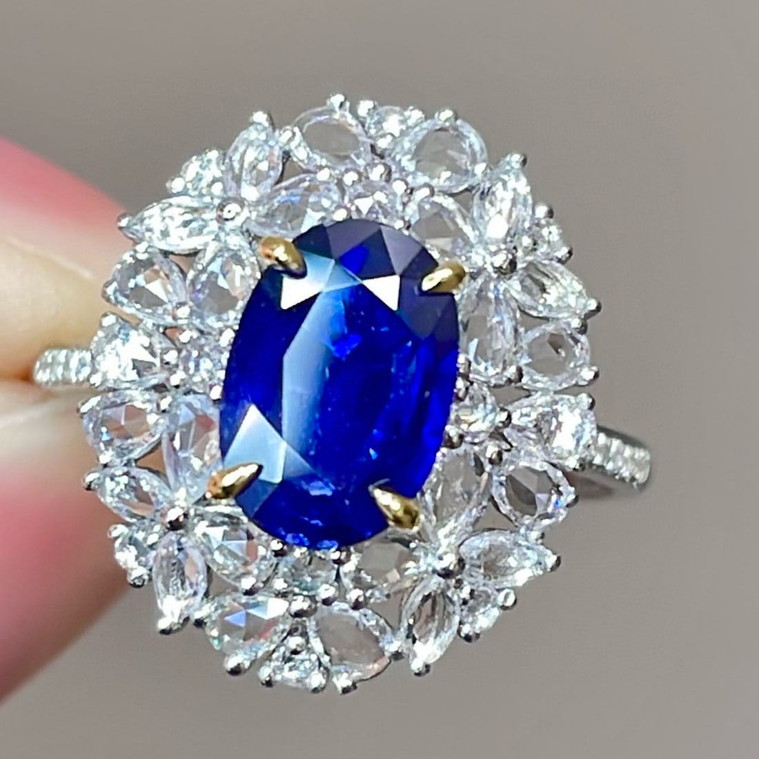 14k Gold 1.5 Ct Natural Sapphire & Sapphire & Diamond Ring: Ref:231060166 // gold content:14k gold // ring size:7. 25us // // main gemstone:sapphire // shape:oval // carat weight:1. 5ct // color:royal blue // treatment:natural // // adjacent gemstone 2 :