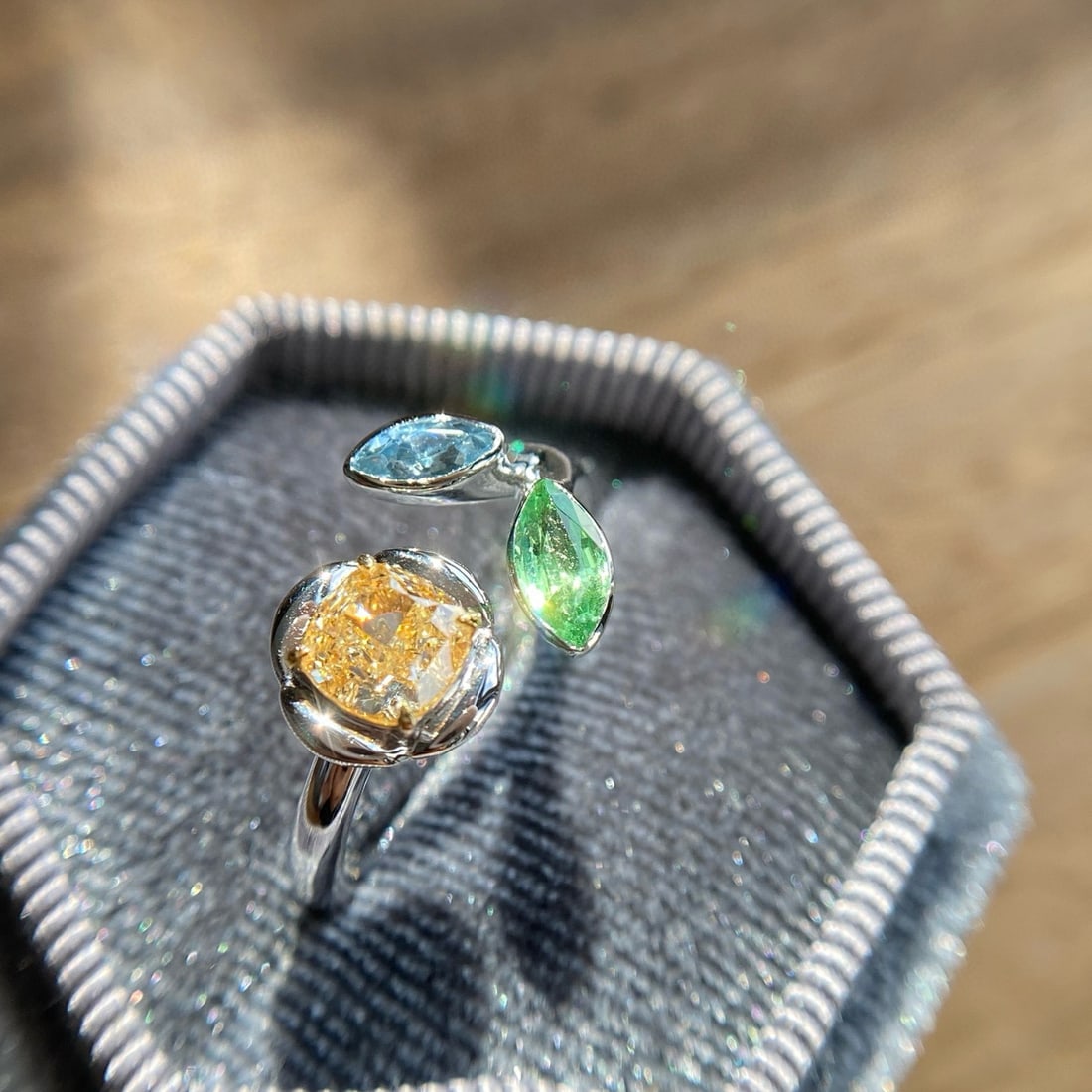 14k Gold 1.32 Ctw Natural Yellow Diamond & Tourmaline Ring: Ref:231060172 // gold content:14k gold // ring size:7. 25us // // main gemstone:yellow diamond // shape:cushion // carat weight:1. 00ct // color:yellow // treatment:natural // // adjacent gemstone 2