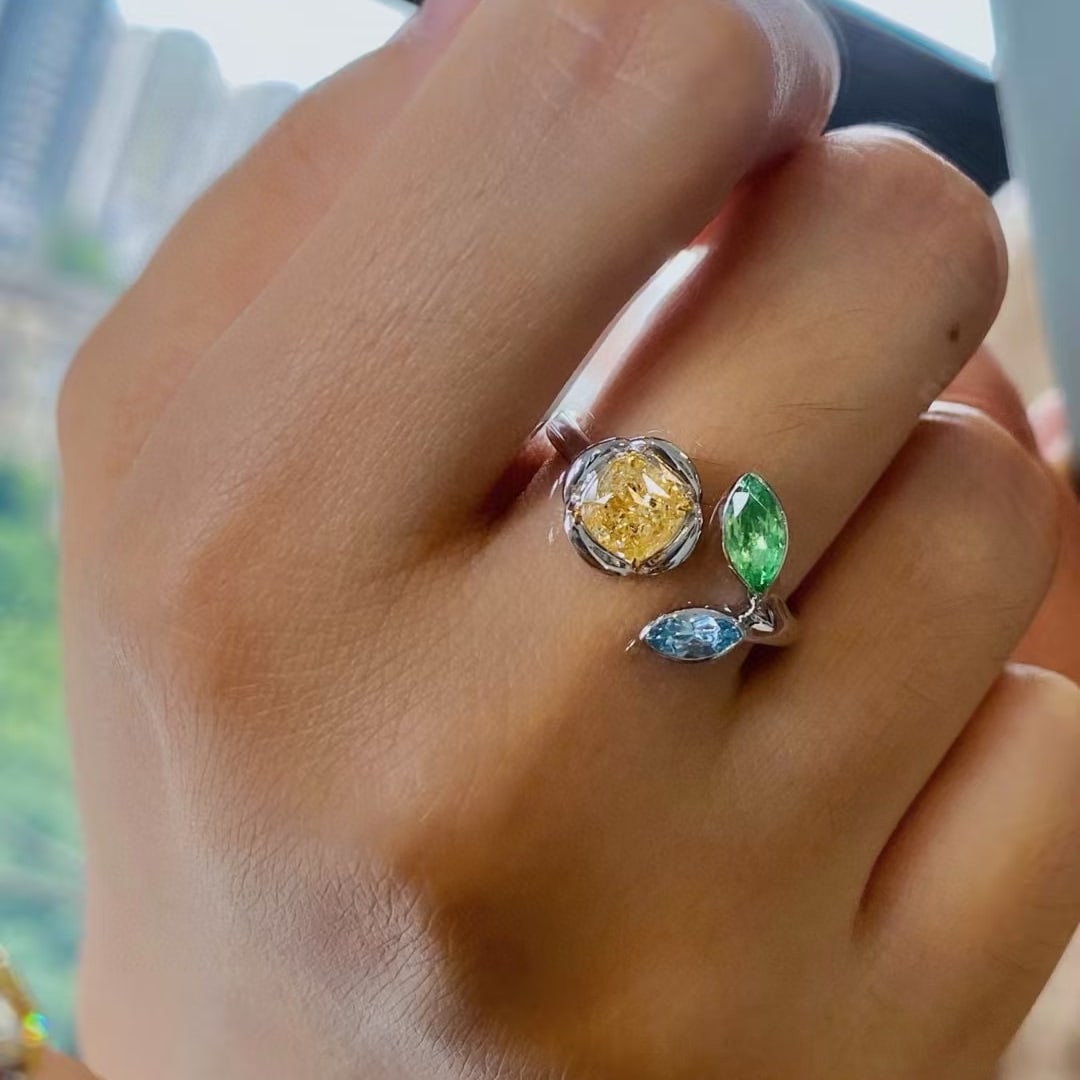 14k Gold 1.32 Ctw Natural Yellow Diamond & Tourmaline Ring - 3