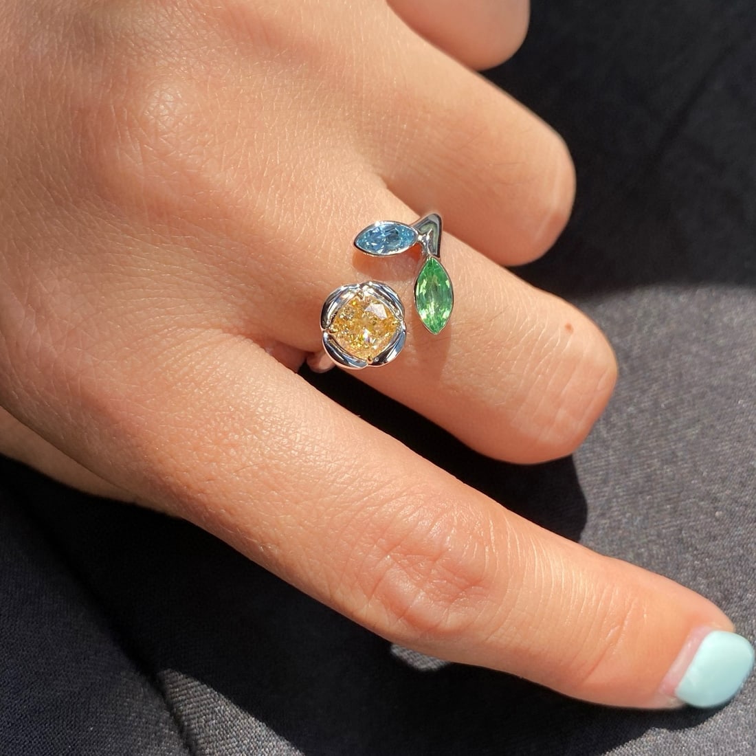 14k Gold 1.32 Ctw Natural Yellow Diamond & Tourmaline Ring - 5