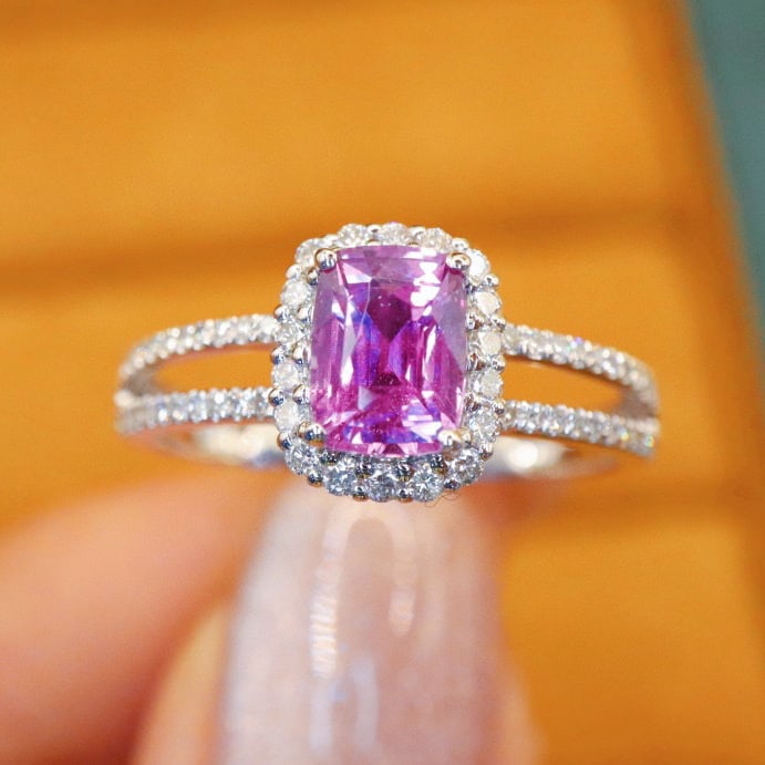 14k Gold 1.44 Ctw Natural Sapphire & Diamond Ring: Ref:231060179 // gold content:14k gold // ring size:7. 25us // // main gemstone:sapphire // shape:cushion // carat weight:1. 12ct // color:pink // treatment:natural // // adjacent gemstone 2 :