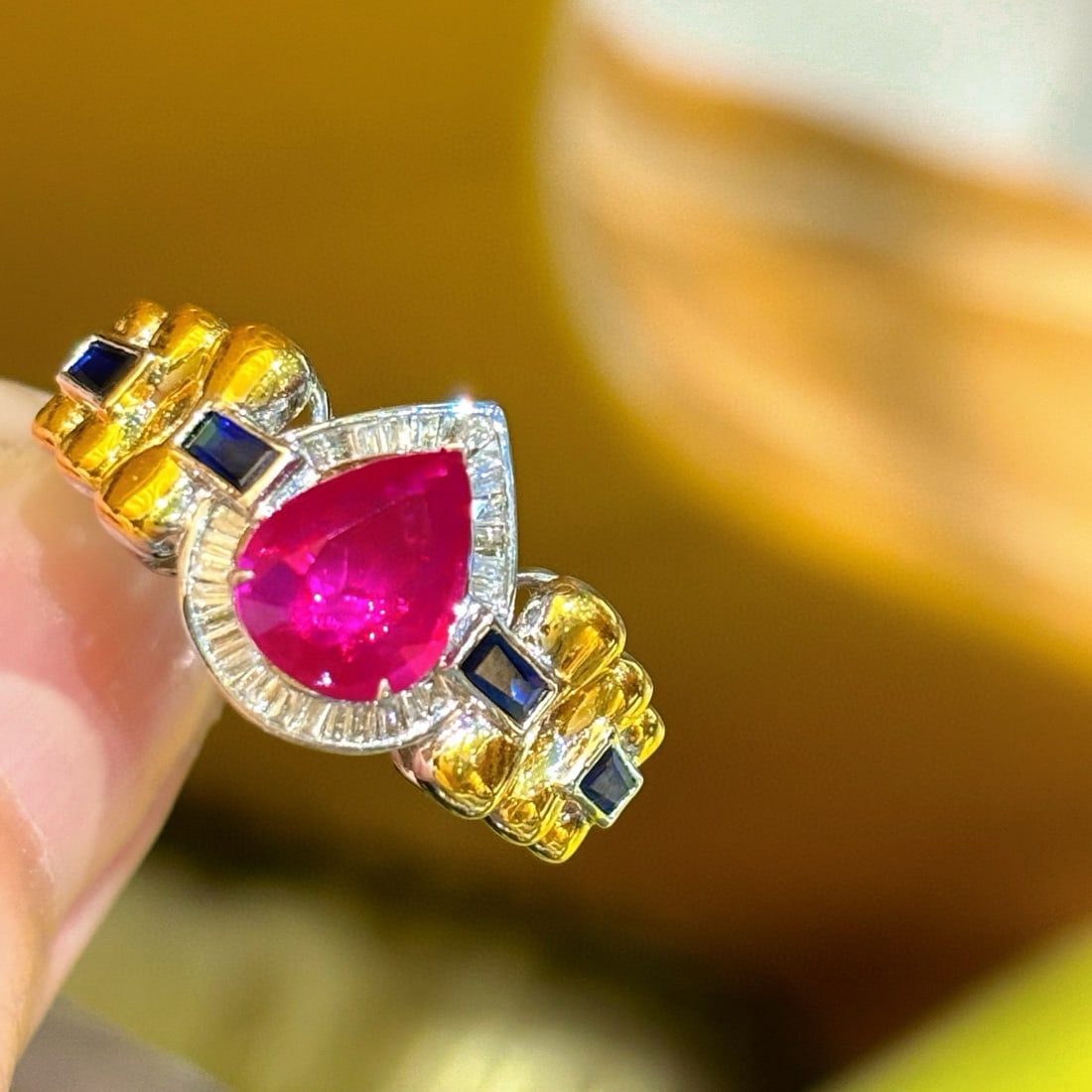 14k Gold 1 Ct Natural Ruby & Diamond & Sapphire Ring - 2
