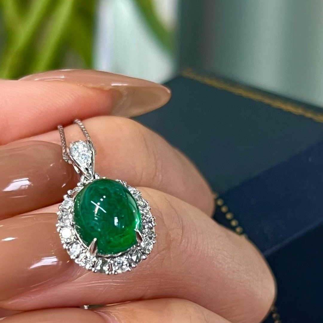 14k Gold 4.02 Ctw Vivid Green Natural Emerald & Diamond Pendant( Without Chain ) - 2