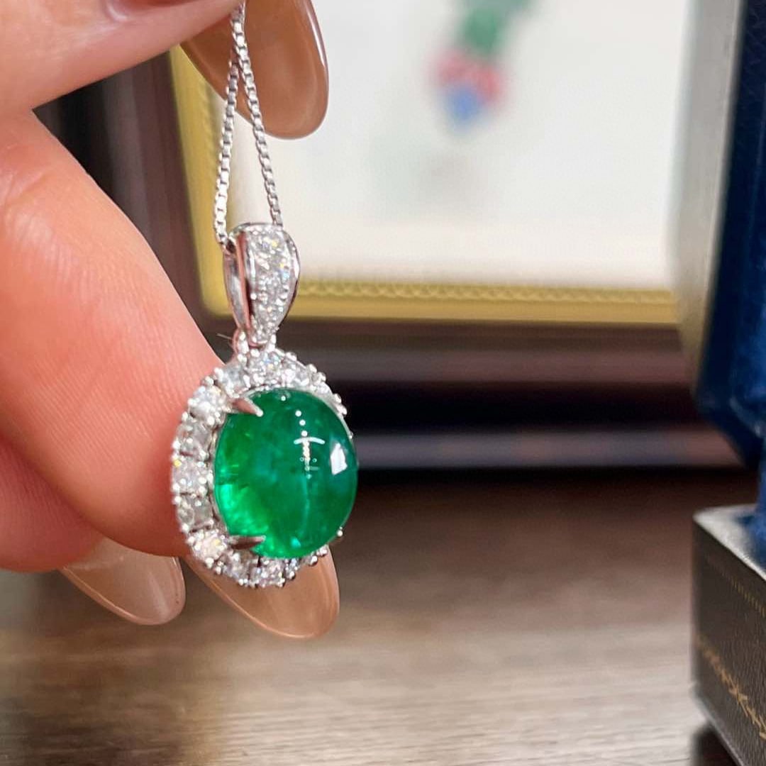14k Gold 4.02 Ctw Vivid Green Natural Emerald & Diamond Pendant( Without Chain ) - 6
