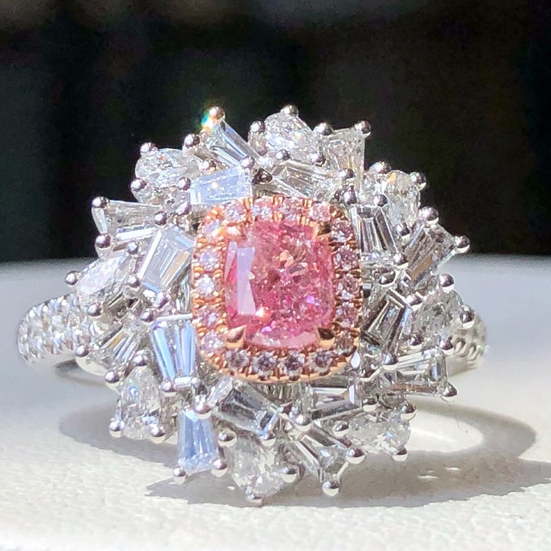 14k Gold 1.50 Ctw Natural Pink Diamond & Diamond Ring/pendant( Without Chain ): Ref:231060235 // gold content:14k gold // ring size:7. 25us // // main gemstone:pink diamond // shape:cushion // carat weight:0. 50ct // clarity grade:i2 // color:pink // treatment:natural // // adjac