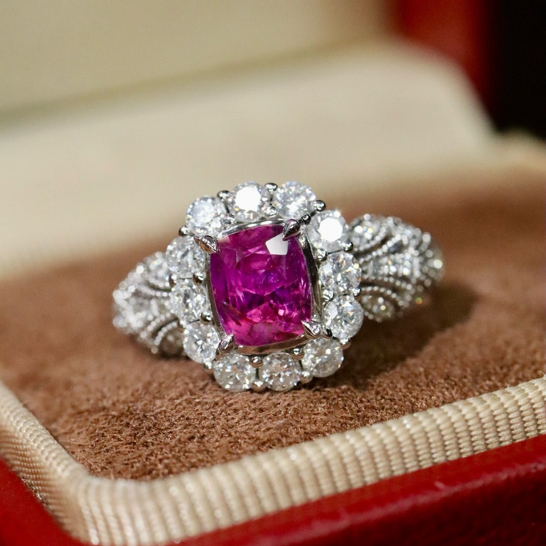 14k Gold 2.01 Ctw Natural Ruby & Diamond Ring: Ref:231060263 // gold content:14k gold // ring size:7. 25us // // main gemstone:ruby // shape:cushion // carat weight:1. 26ct // color:red // treatment:natural // // adjacent gemstone 2 : diamond //