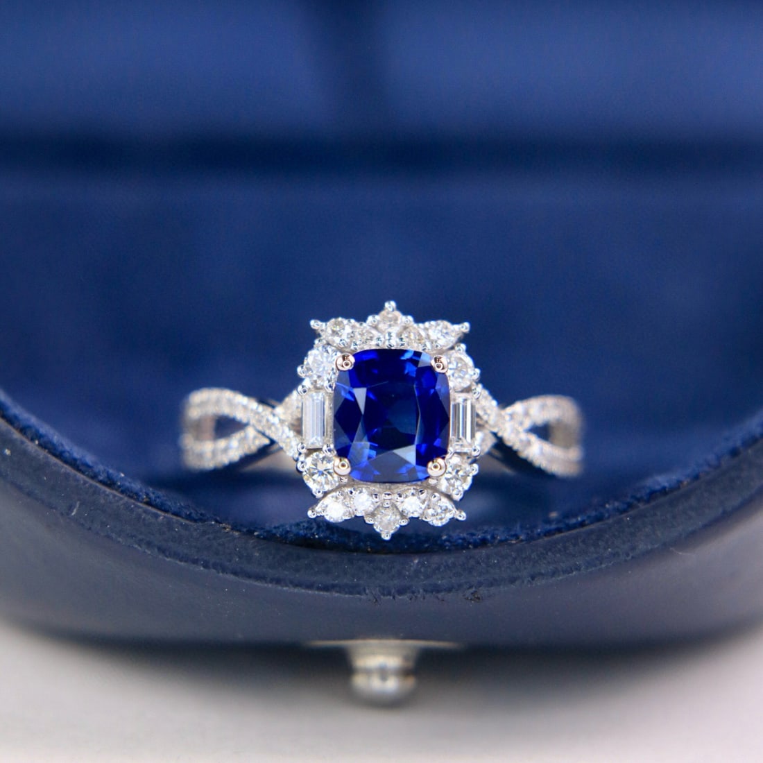 14k Gold 1.75 Ctw Natural Sapphire & Diamond Ring: Ref:231060299 // gold content:14k gold // ring size:7. 25us // // main gemstone:sapphire // shape:cushion // carat weight:1. 26ct // color:royal blue // treatment:natural // // adjacent gemstone 2 : d