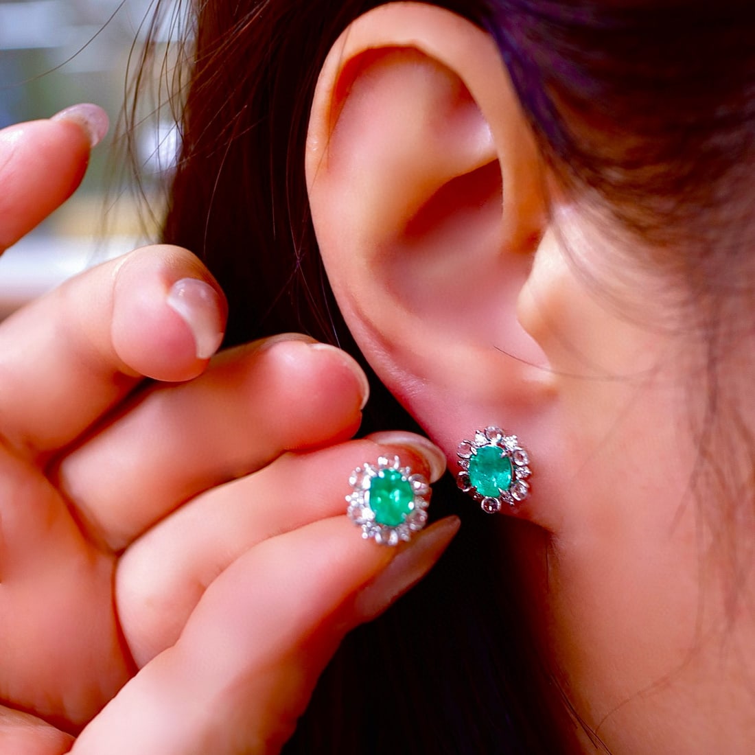14k Gold 1.62 Ctw Vivid Green Natural Emerald & Diamond Earrings - 5