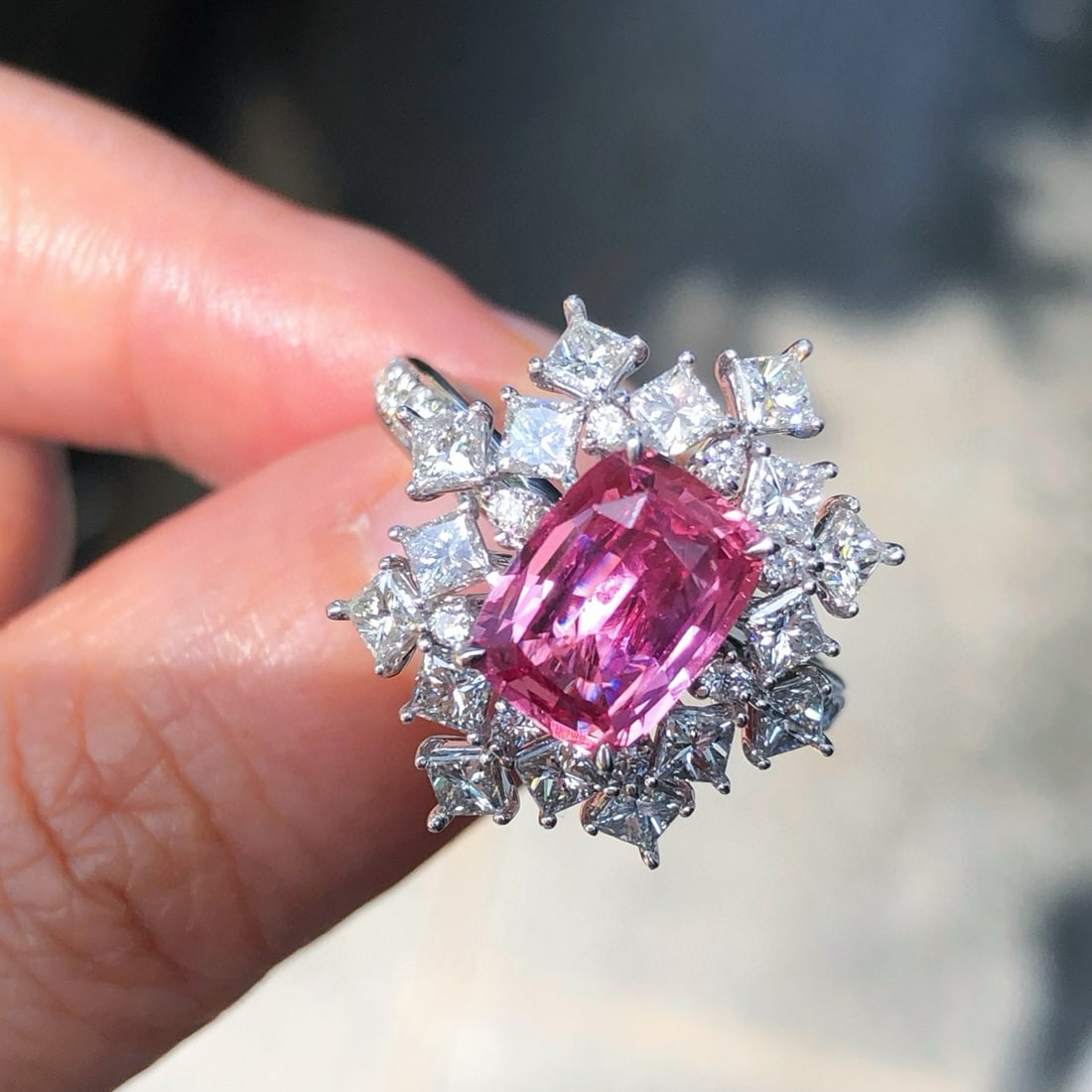 14k Gold 3.42 Ctw Natural Padparadscha Sapphire & Diamond Ring: Ref:231060374 // gold content:14k gold // ring size:7. 25us // // main gemstone:padparadscha sapphire // shape:cushion // carat weight:2. 01ct // color:orangish pink // treatment:natural // // adjacen