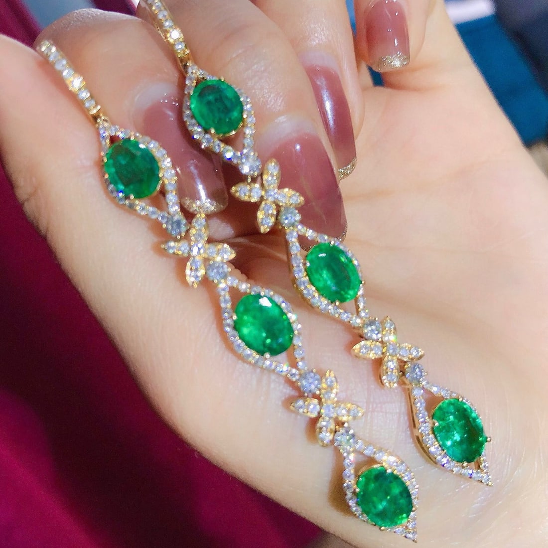 14k Gold 9.26 Ctw Vivid Green Natural Emerald & Diamond Earrings - 4